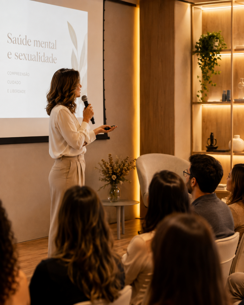 Tatiane Scotta apresentando palestra sobre saúde mental e sexualidade