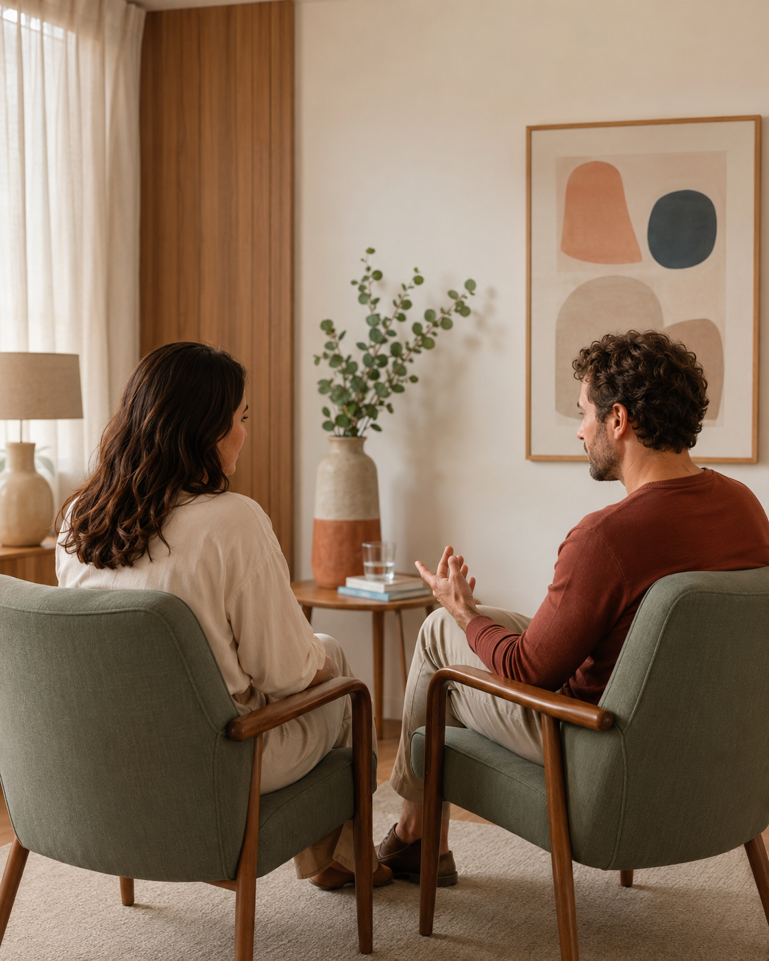 Casal adulto conversando com respeito sobre sexualidade, intimidade e relacionamento