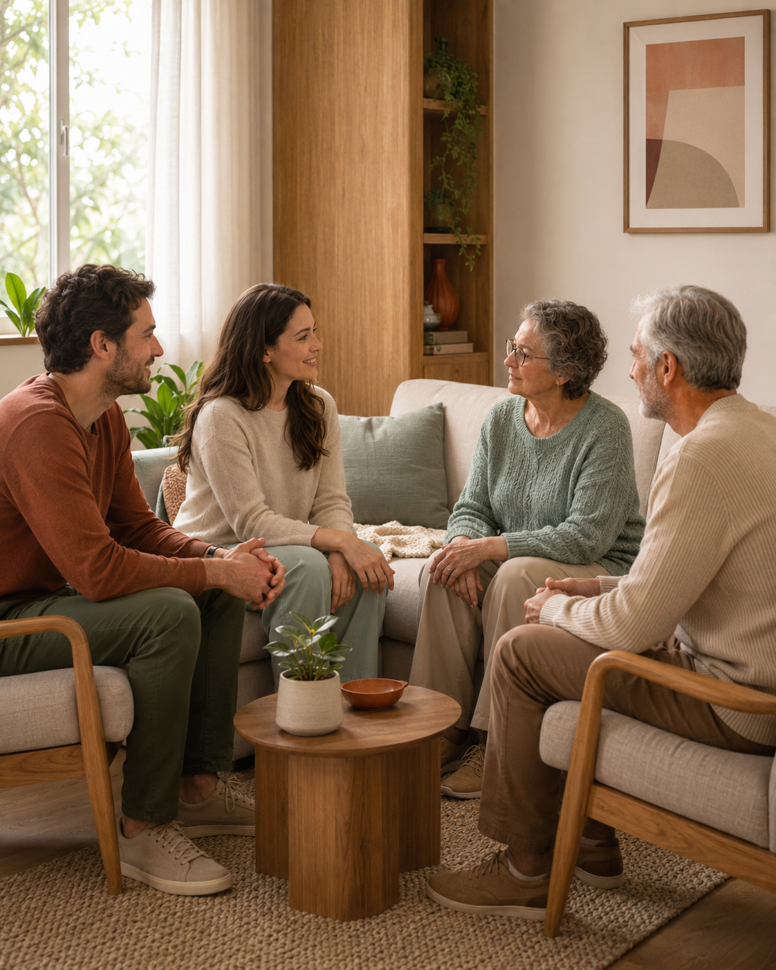 Familiares de diferentes gerações conversando em um ambiente acolhedor