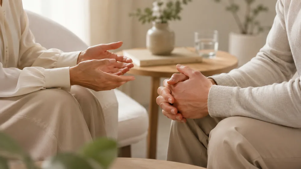 Mãos de duas pessoas durante uma conversa respeitosa.