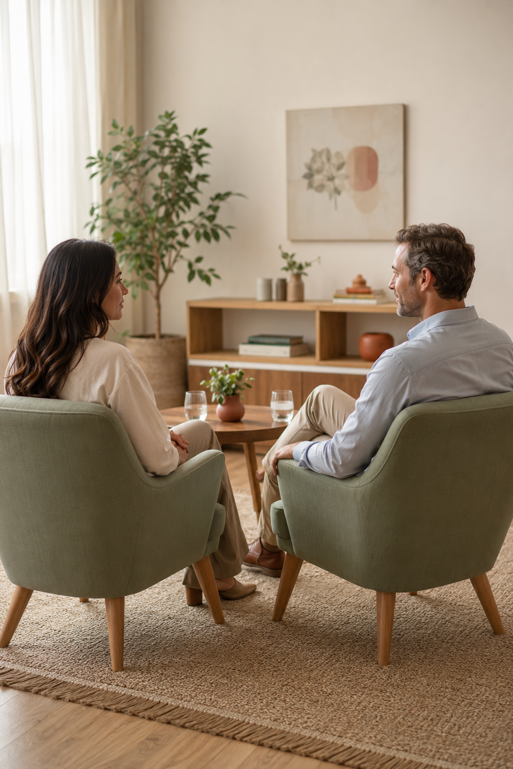 Casal em conversa acolhedora sobre relacionamento e vida a dois